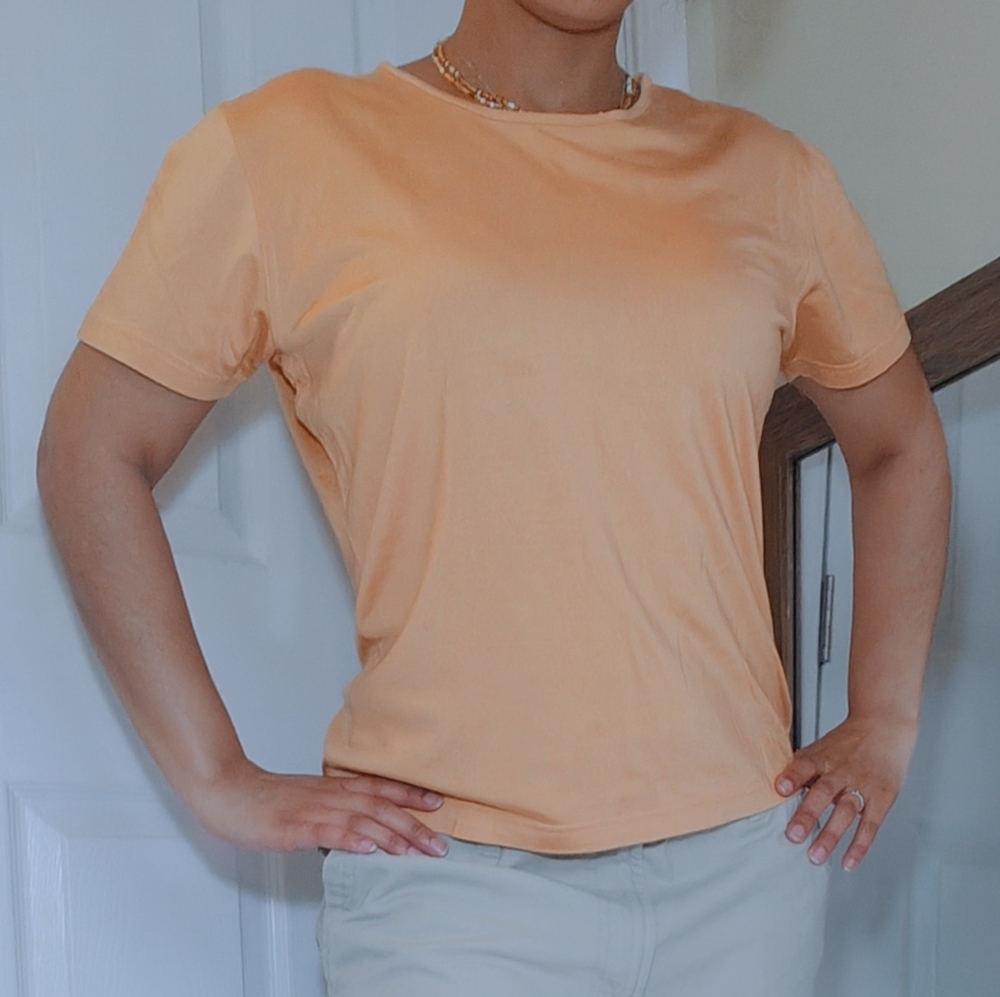 Don Rakow Medium Orange Silk Satin Cotton Blend‎ Short Sleeve T-Shirt Top Blouse
